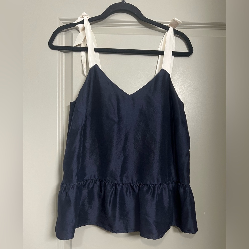 J. Crew 100% Silk Tie-Shoulder Peplum Top  - Navy | Size 0